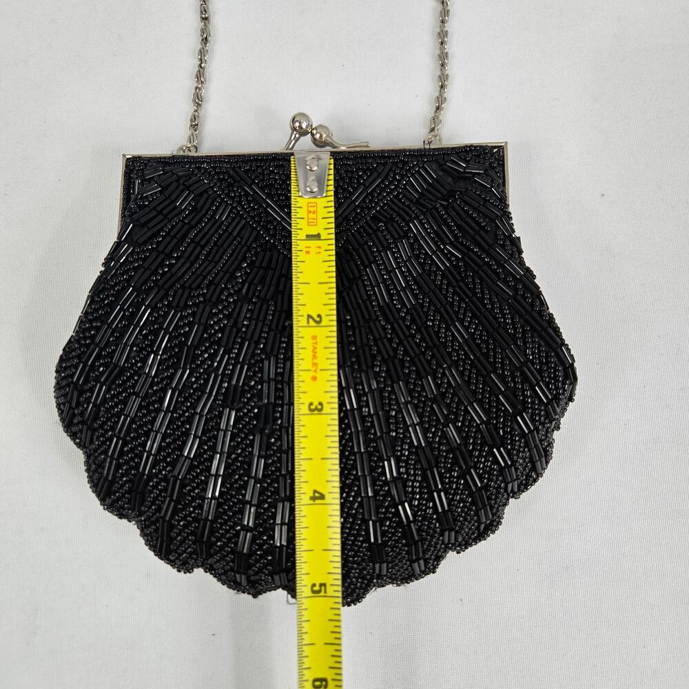 Antique Art Deco Black Beaded Clamshell Clutch Purse Snap Closure Chain Strap - Picture 13 of 14